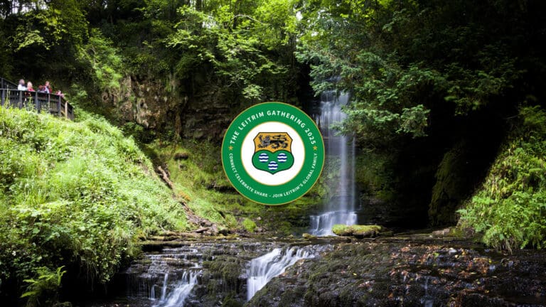 The Leitrim Gathering logo over a woodland waterfall